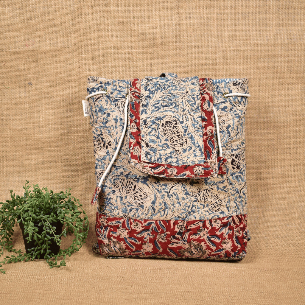 Quilted Blue Kalamkari Backpack Bag - drawstring
