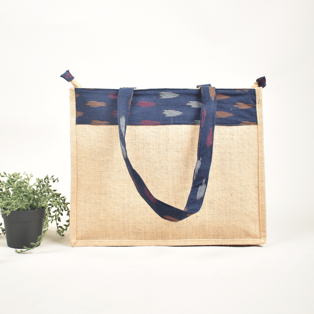 Classic Jute Bag With a Blue ikat Design