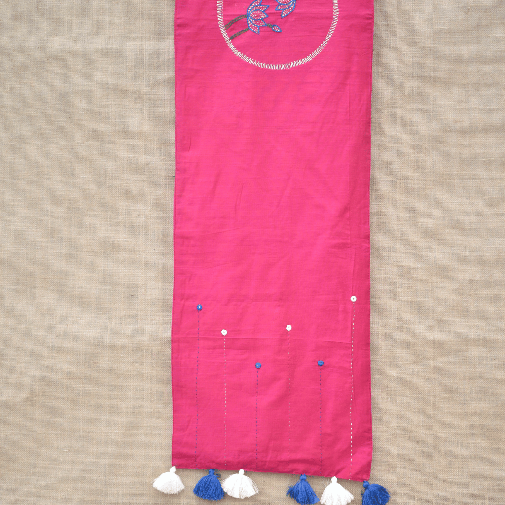Pink Silk lotus embroidery festive table runner - front