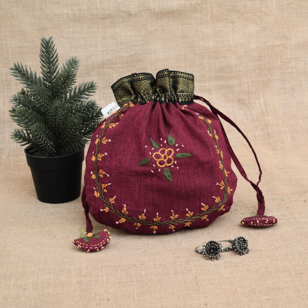 Maroon Feather Embroidery Potli