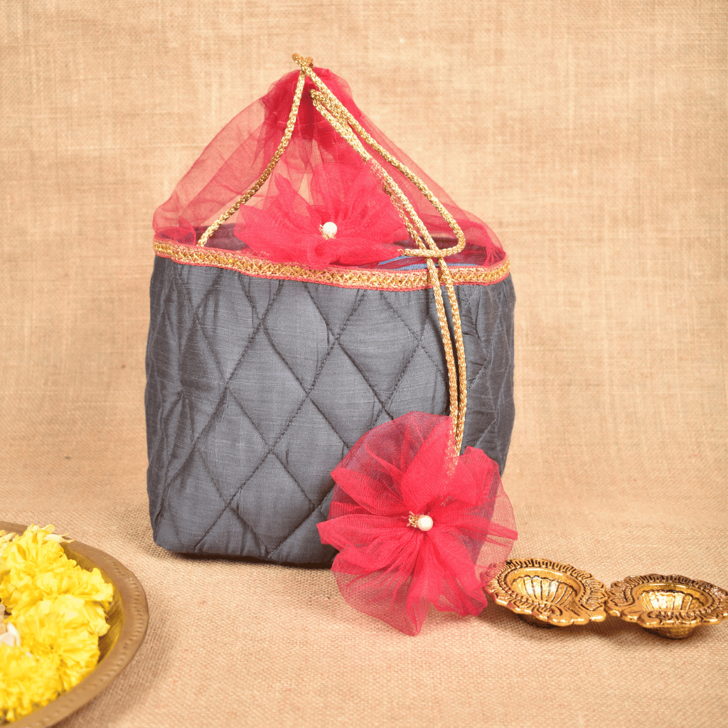 Grey Silk Potli Bag | Handmade & Reusable