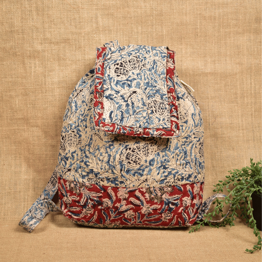 Quilted Blue Kalamkari Backpack Bag - display
