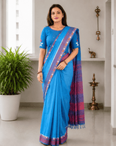 Sky Blue Cotton Saree with Hand Embroidery