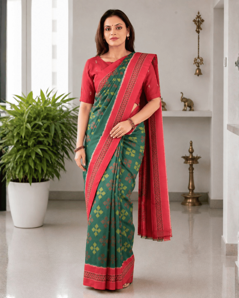 Green ikat saree with hand embroidery
