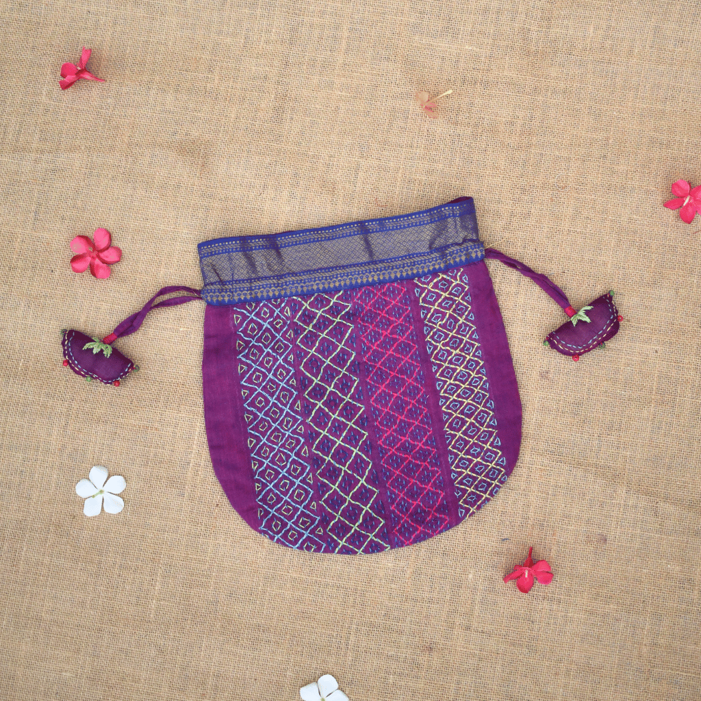 Handmade Purple Mangalagiri cotton potli with tassels
