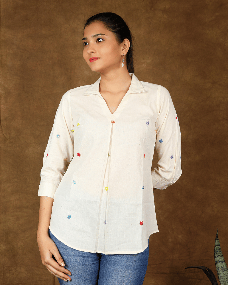 White Embroidery women top - sleeves