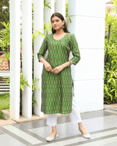 Hand Embroidery Mehndi green ikat silk kurta - front