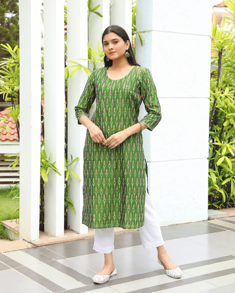 Hand Embroidery Mehndi green ikat silk kurta - front