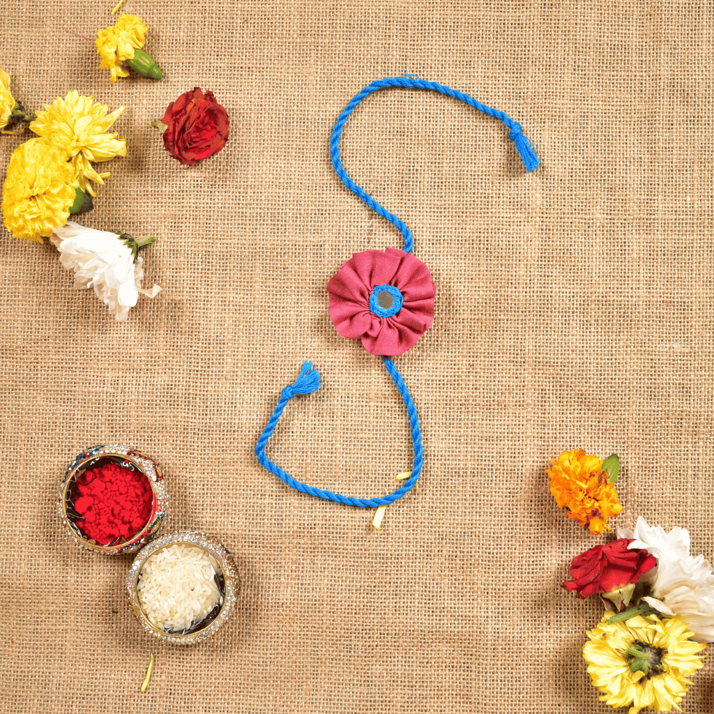 Pink Flower Embroidery Handloom Rakhi