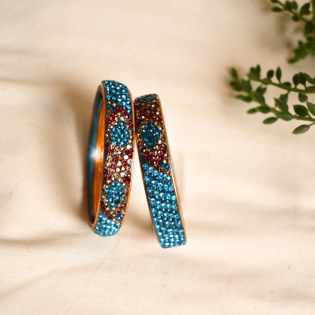 Pair of broad bangles in blue and maroon tones - Hyderabadi