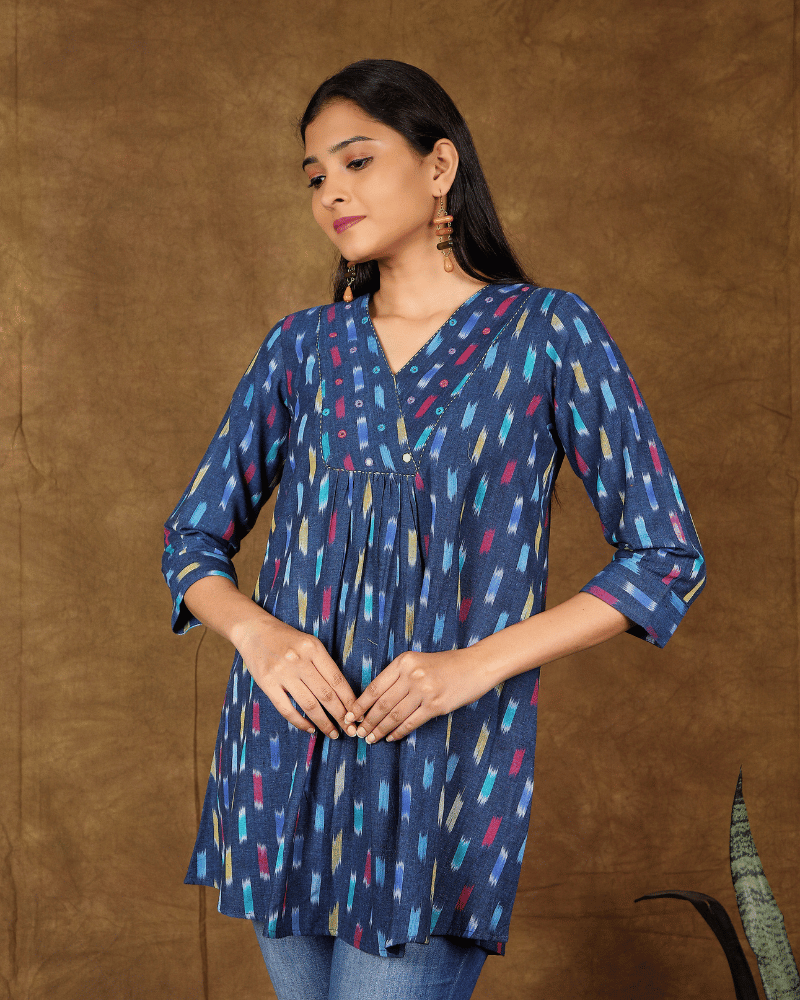 Embroidery indigo blue ikat tunic - side