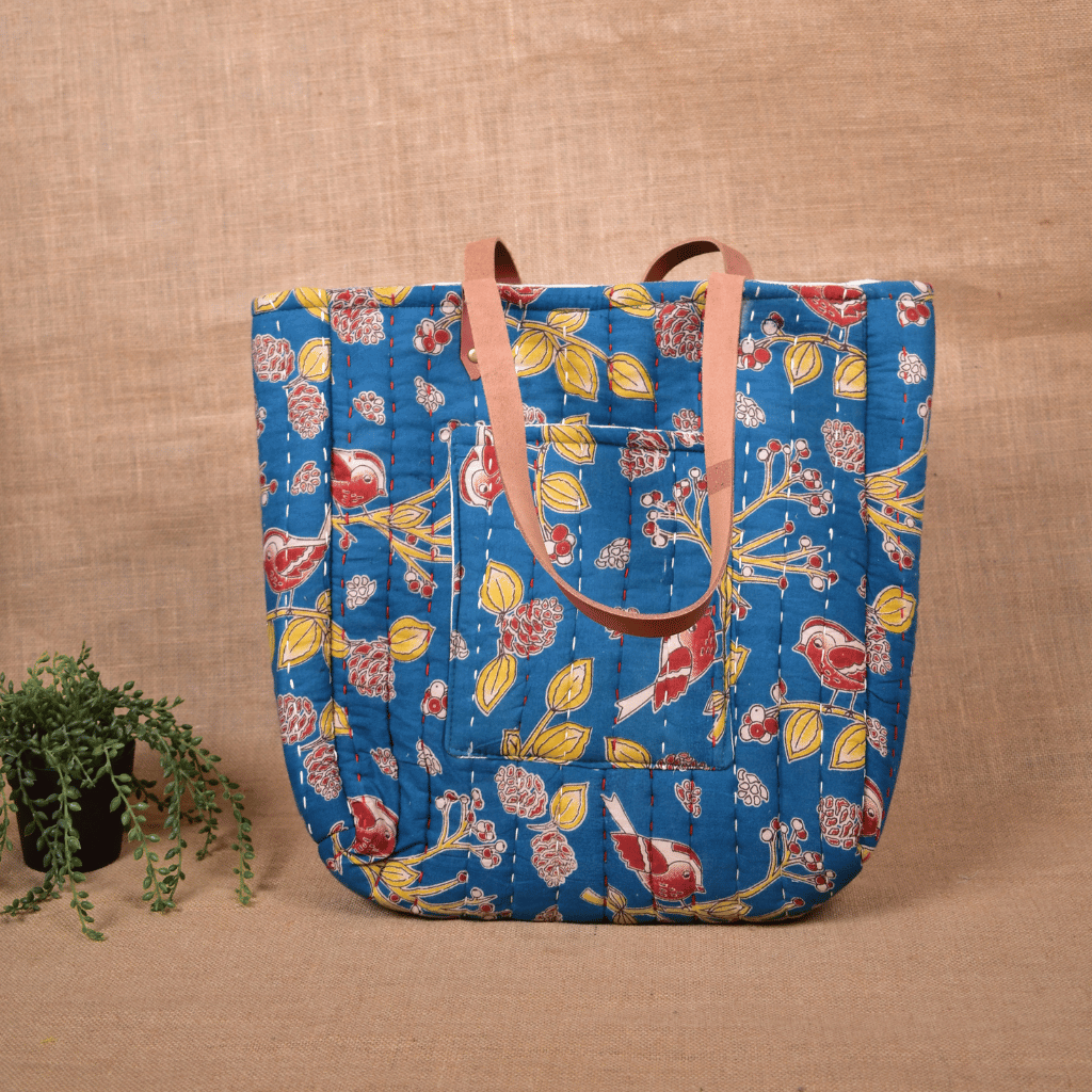 Teal Blue Tapti Hand Quilted Large Tote Bag - front