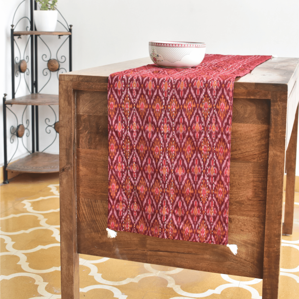 Maroon silk ikat table runner - tassels