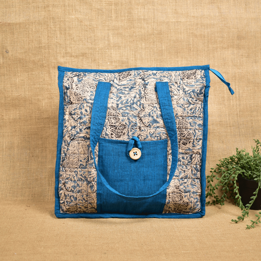 Sky Blue Kalamkari Quilted Tote Bag - Front