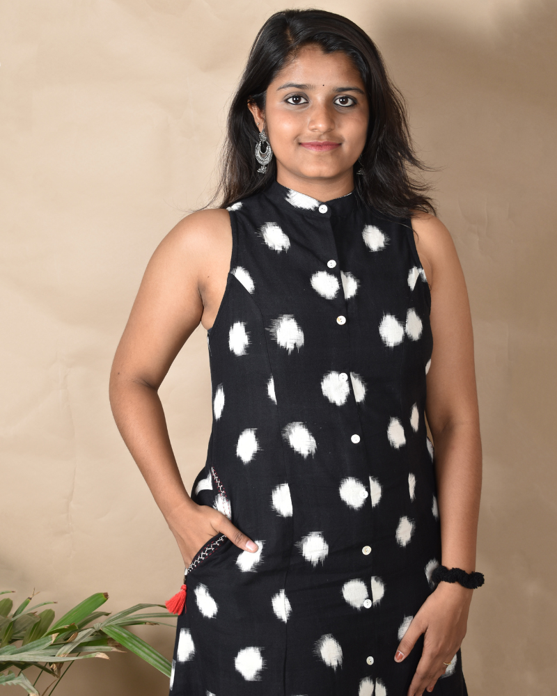 A LINE BLACK DOUBLE IKAT DRESS WITH EMBROIDERED POCKETS