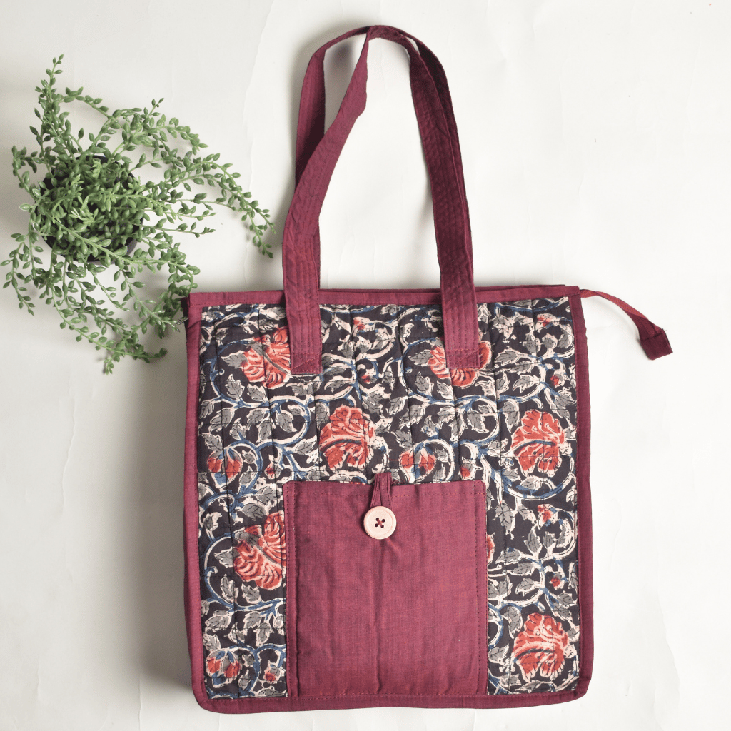 Red kalamkari tote bag