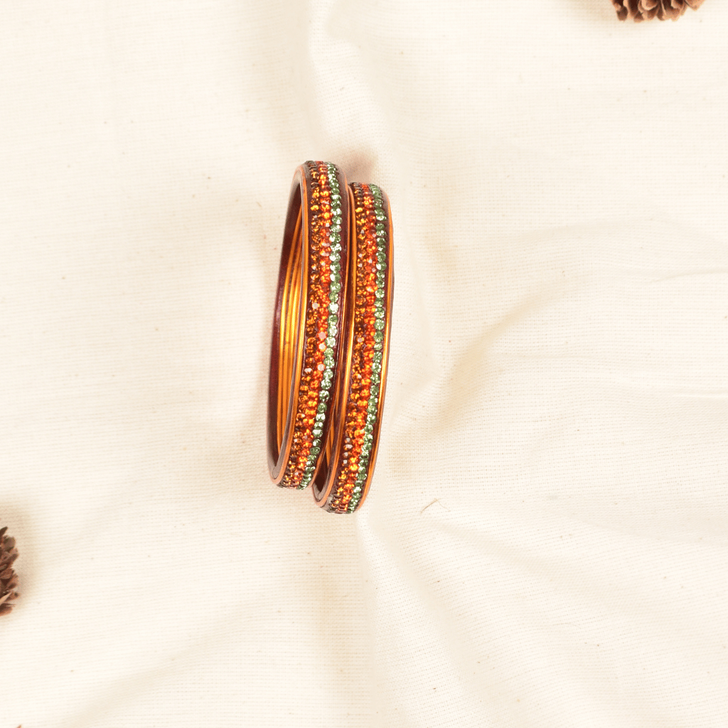 Pair of orange 3 line stoned lac bangles 