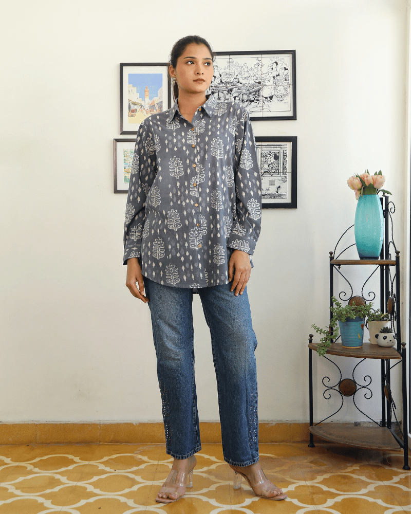 Stylish Women’s Grey Kalamkari Cotton Shirt - comfortable