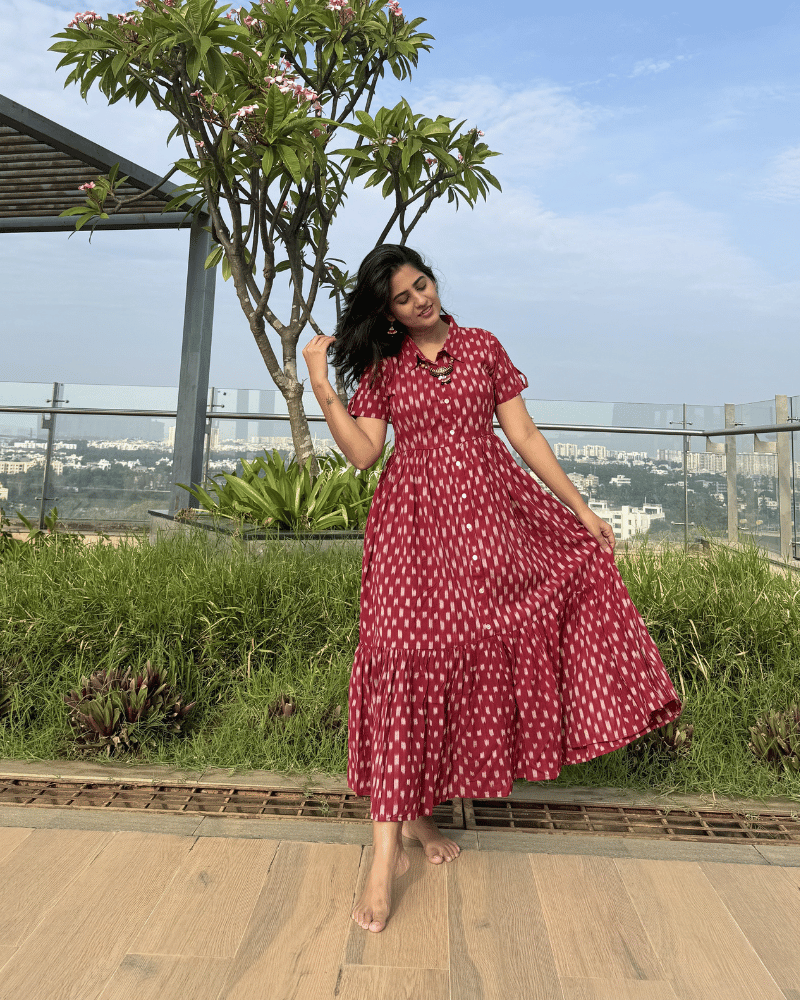 Maroon Ikat Cotton Calf-Length Dress with Shirt Collar - sleeve