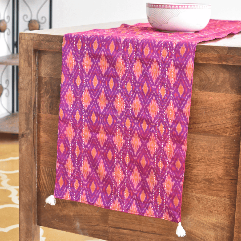 Pink silk ikat table runner - tassels