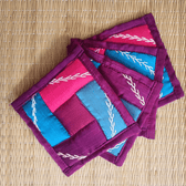Set of 4 embroidered fabric coasters in blue & maroon