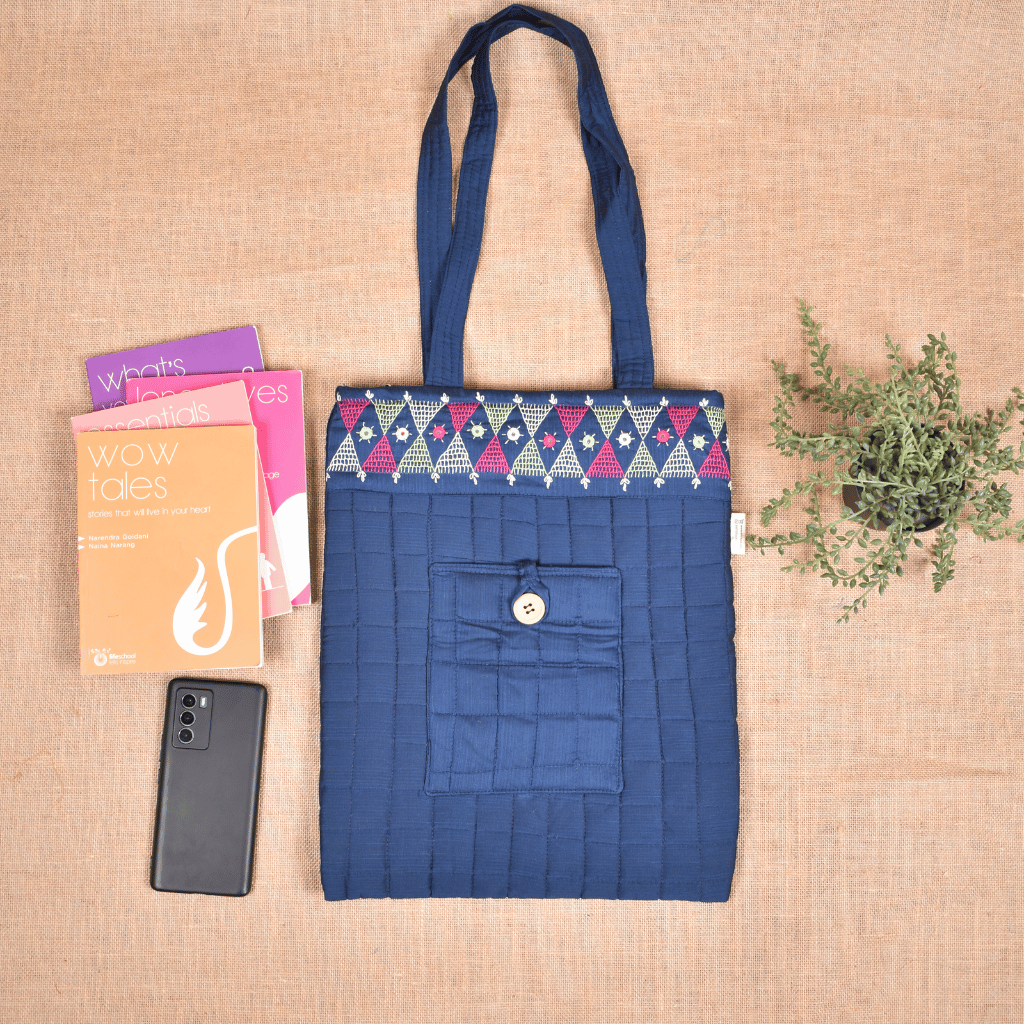 Navy Blue silk embroidered tote bag - front