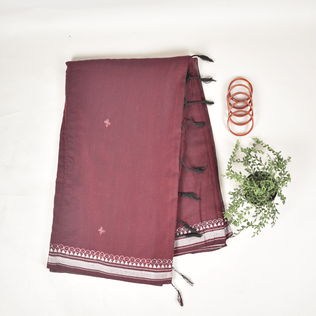 Maroon handloom saree with traditional banjara embroidery
