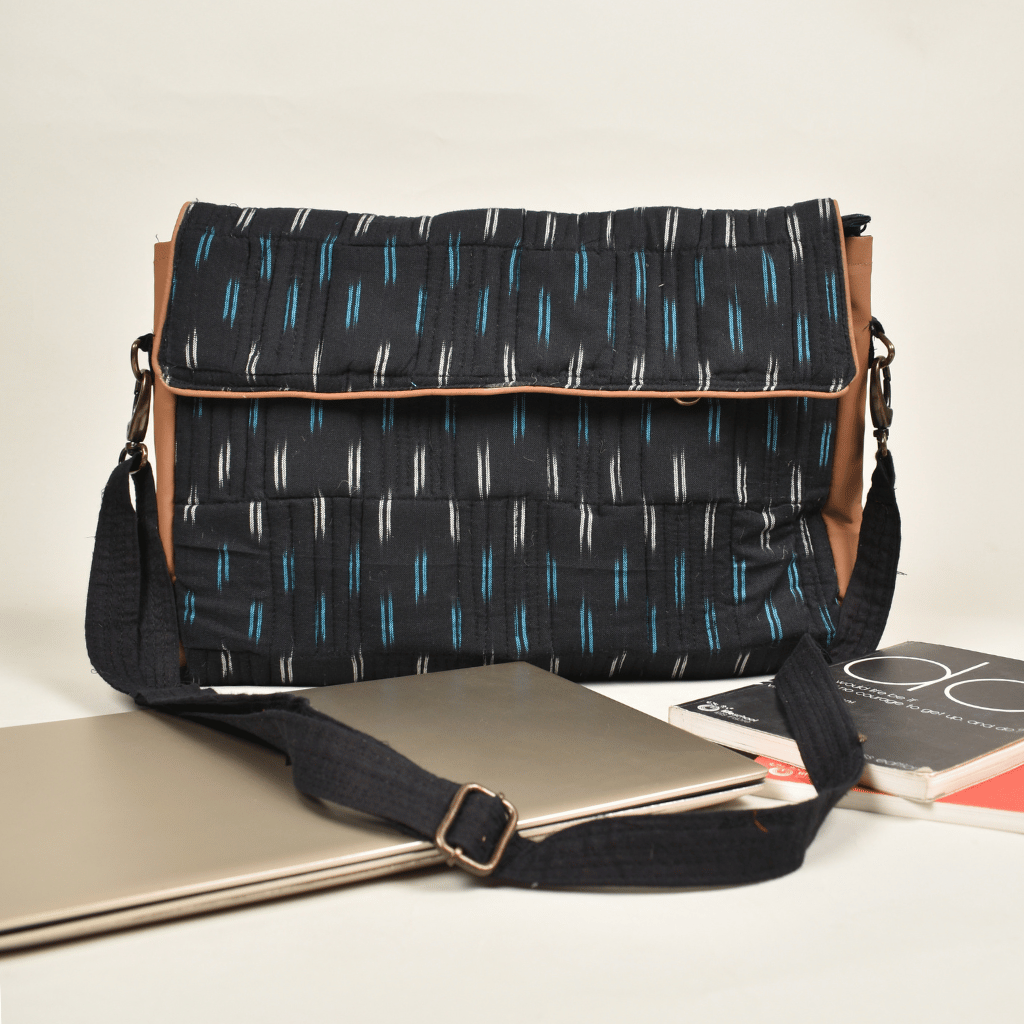 "Samarth" laptop bag in black ikat and faux leather - front