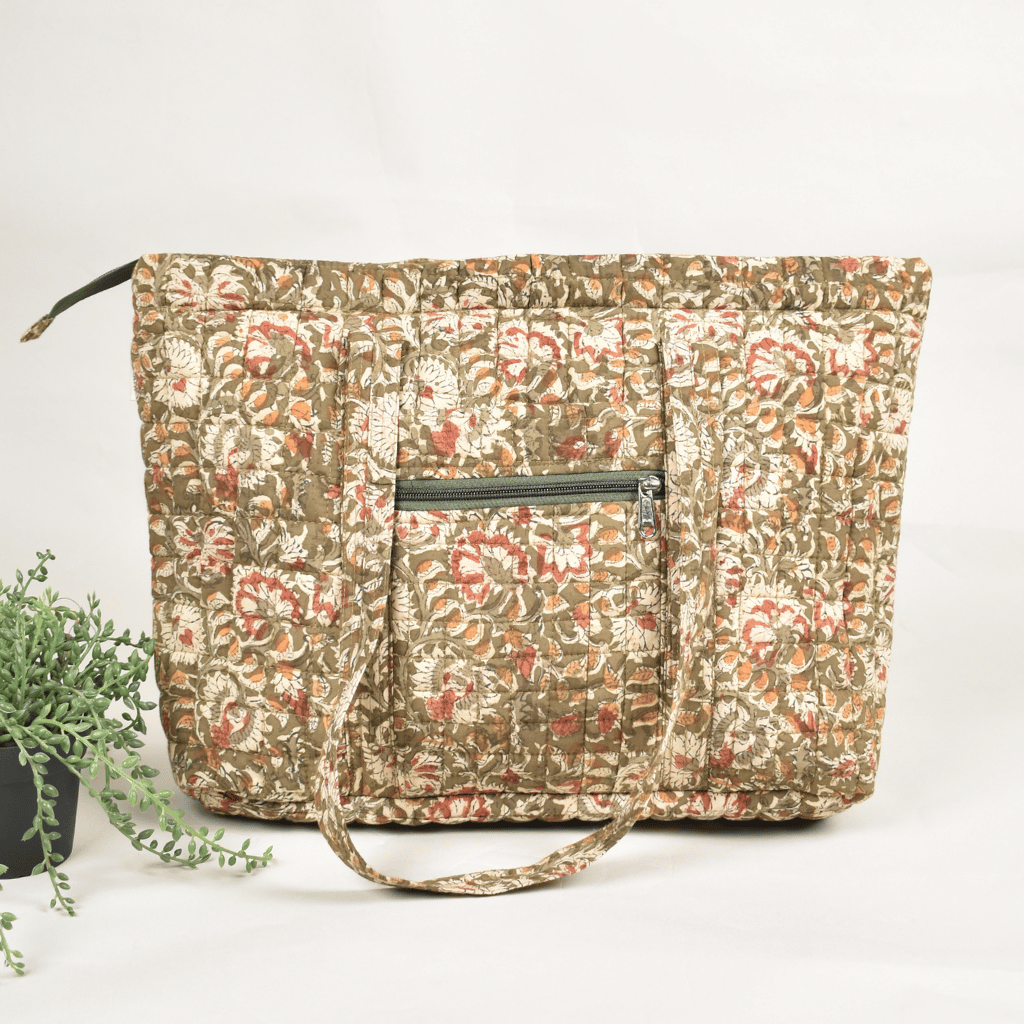 Green kalamkari large tote bag - Front