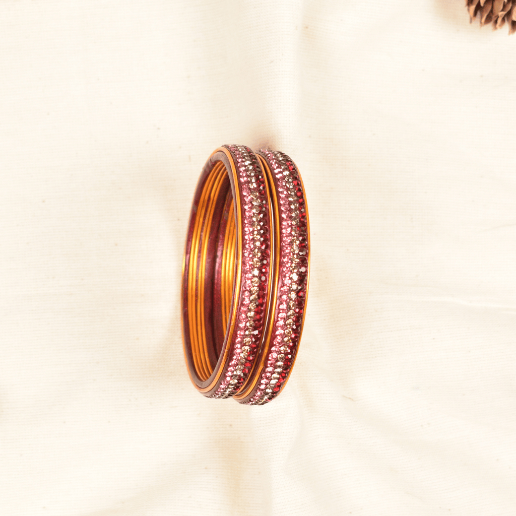 Pair of red & pink 3 line stoned lac bangles 