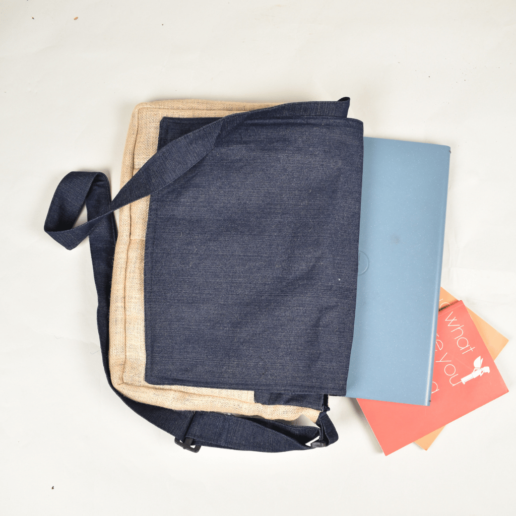 Cross body blue denim laptop bag - strap