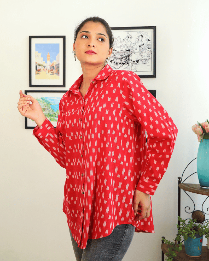 Stylish Women’s Red Ikat Cotton Shirt - free size