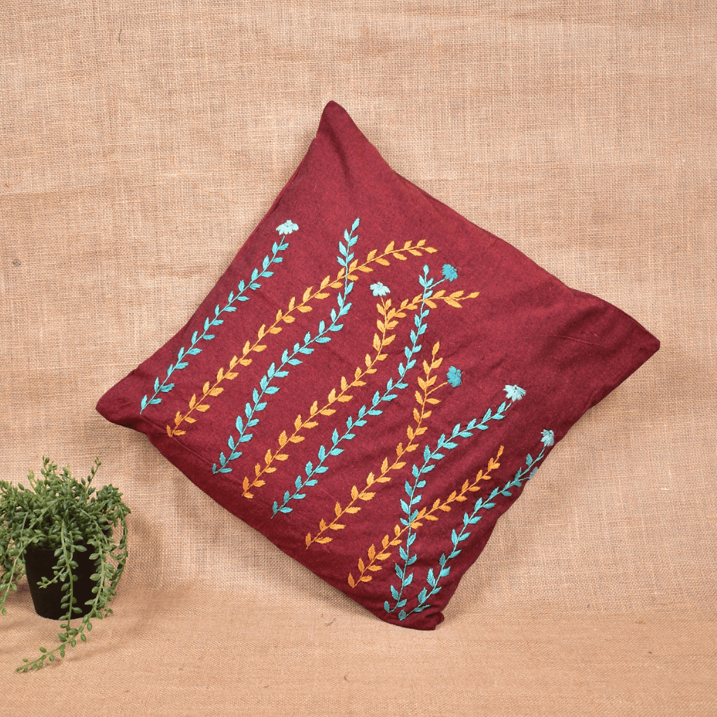 "Field of flowers" Pure Cotton Cushion Cover - Maroon - front