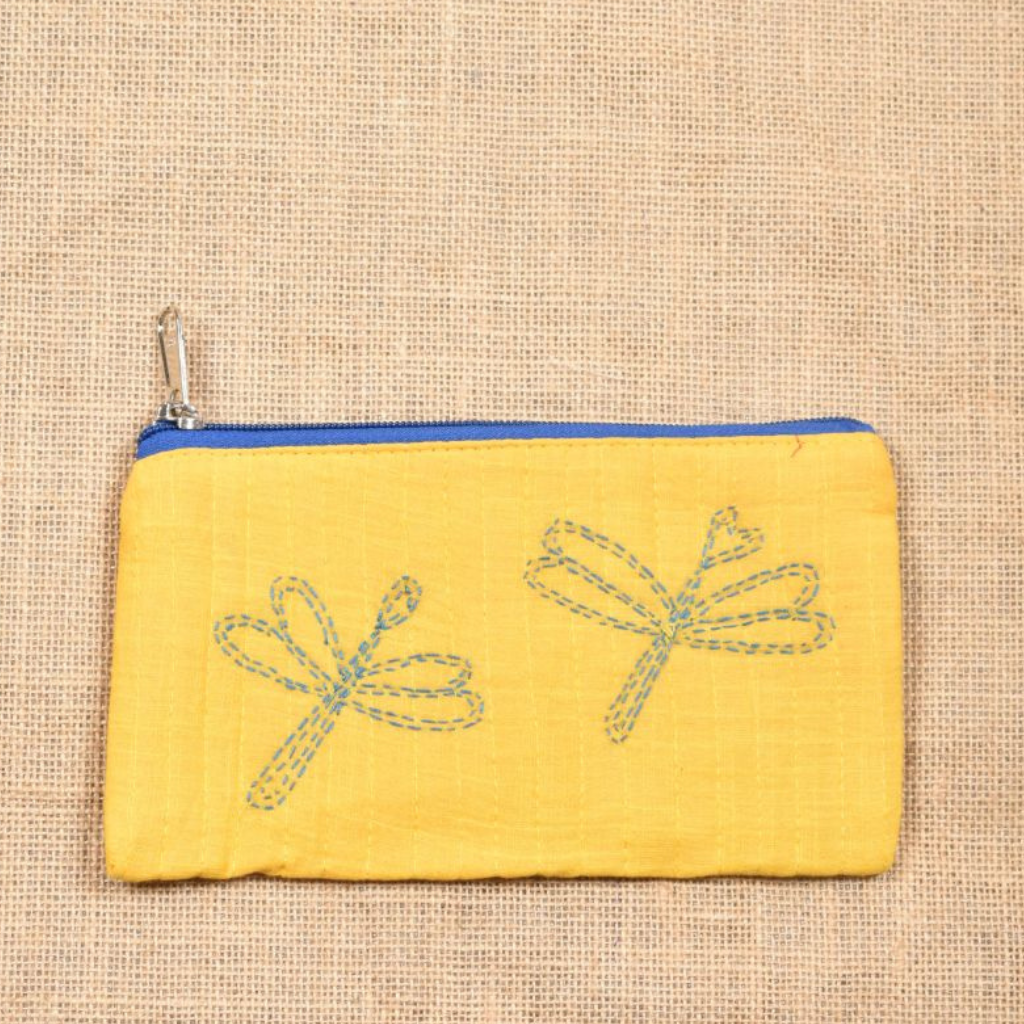Yellow pencil pouch with hand embroidery