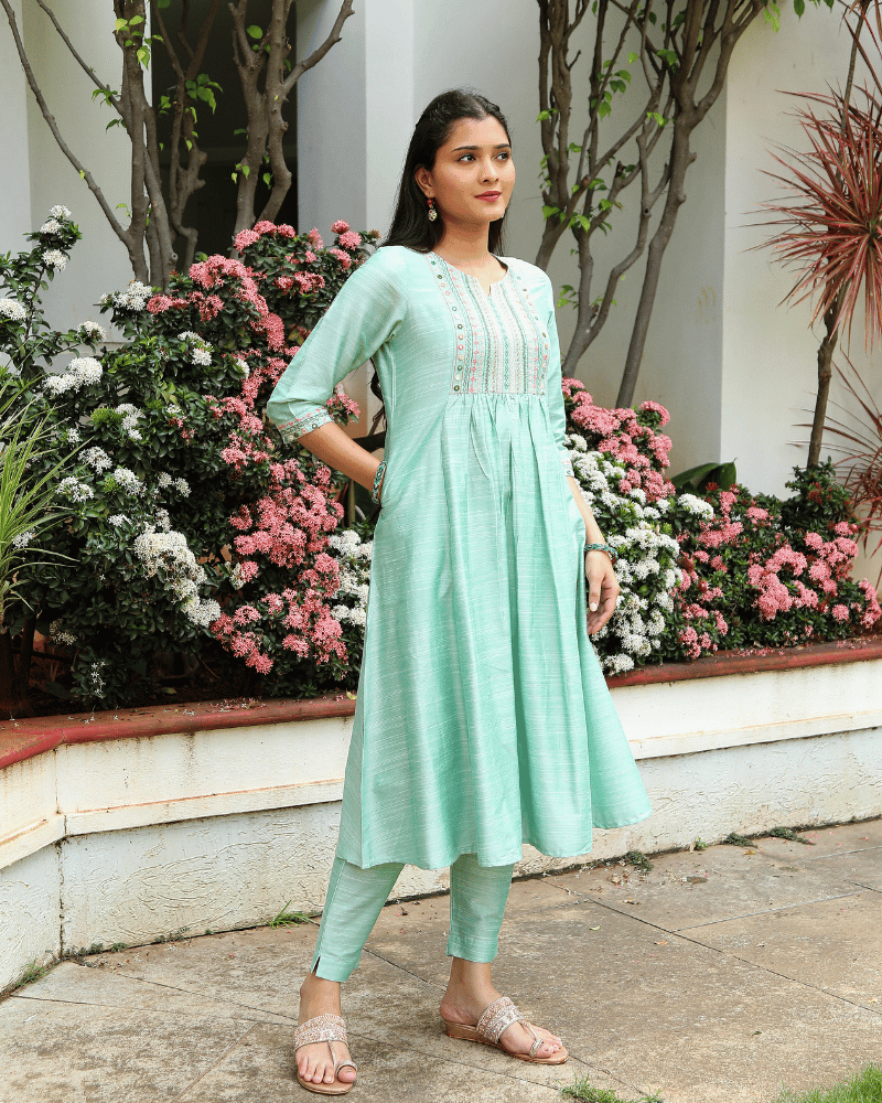 Mint Green Festive Silk Kurta with Frill Embroidery - front