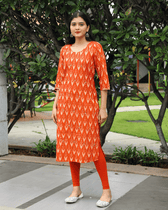 Hand Embroidery Orange ikat silk kurta - Front