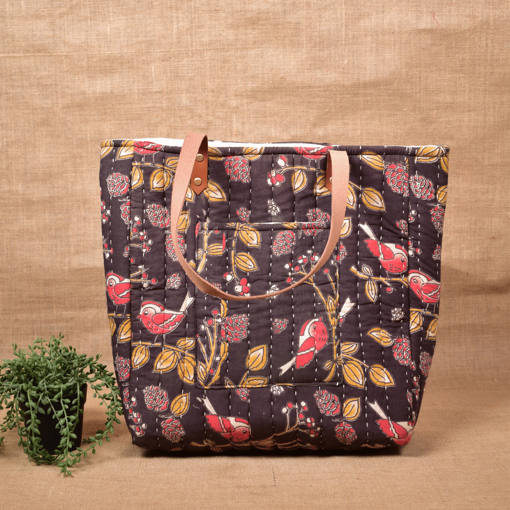 Black Tapti Hand Quilted Large Tote Bag - front