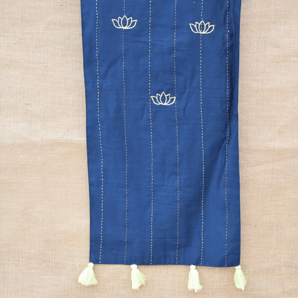 Blue Silk lotus pool embroidery festive table runner - Kritikala