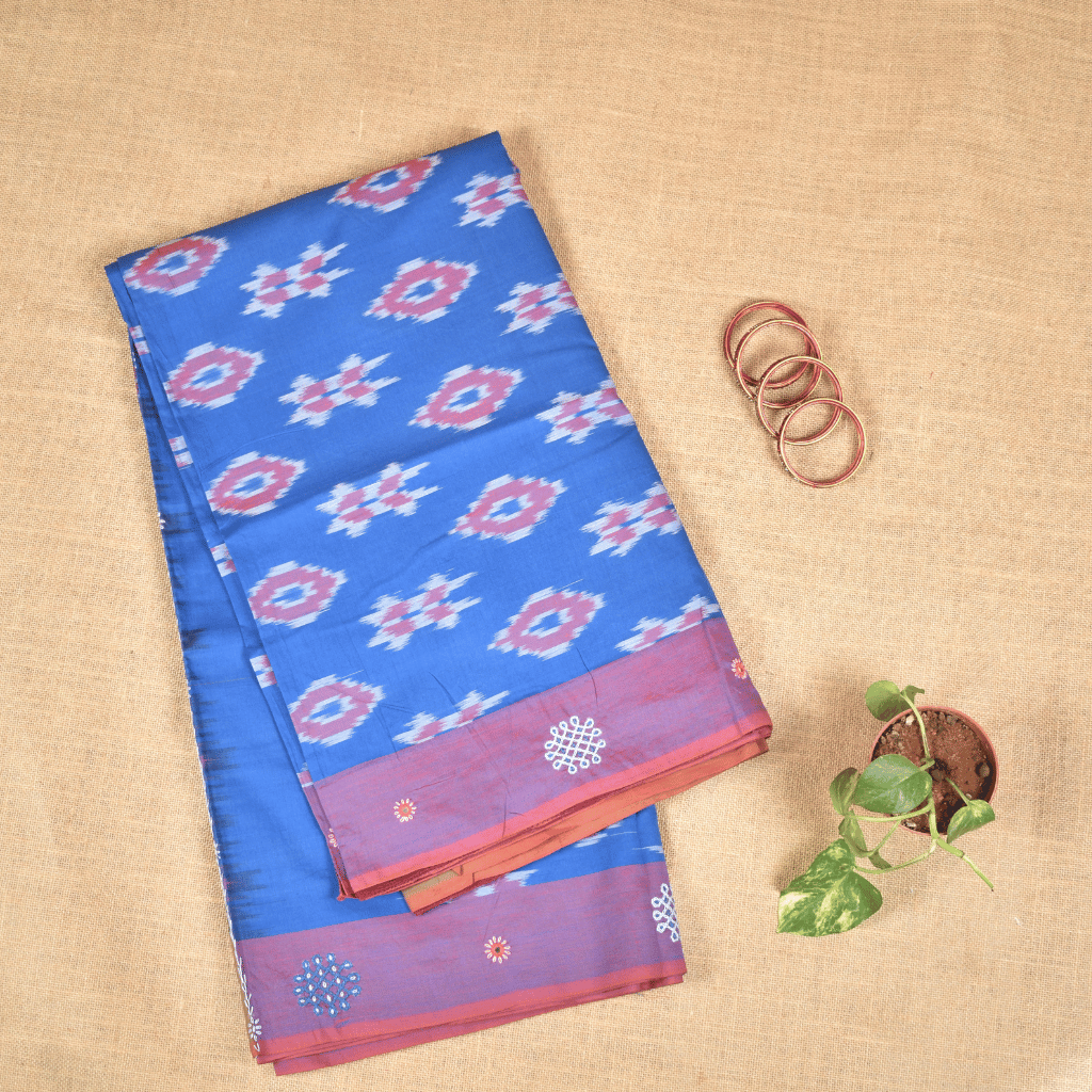 Blue ikat saree with hand embroidery