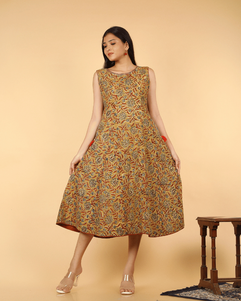 Yellow Floral kalamkari Dress with a Boat neck - front