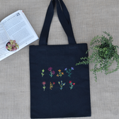 Black canvas tote bag - flower embroidery - front
