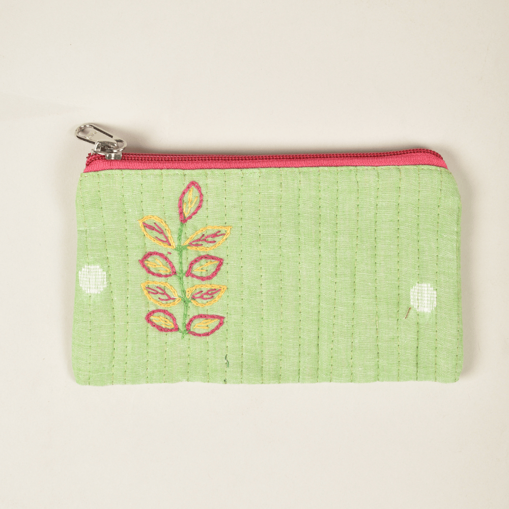 Light green hand embroidered pouch