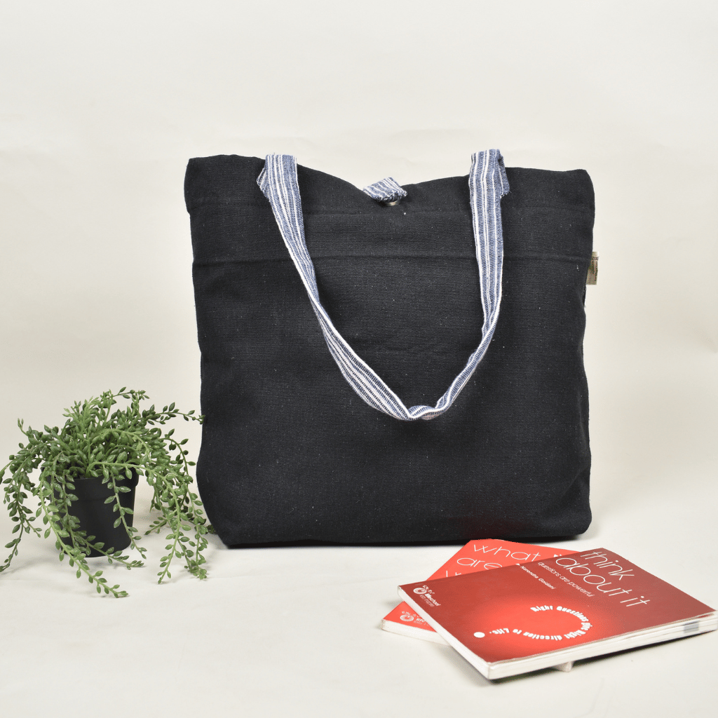 Black Canvas Bag with Blue Ikat Handle - front