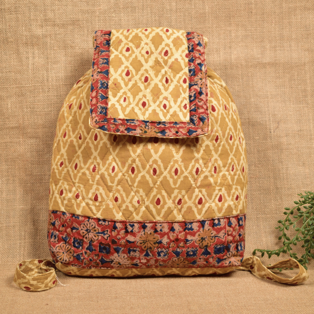Quilted Yellow Kalamkari Backpack Bag - display