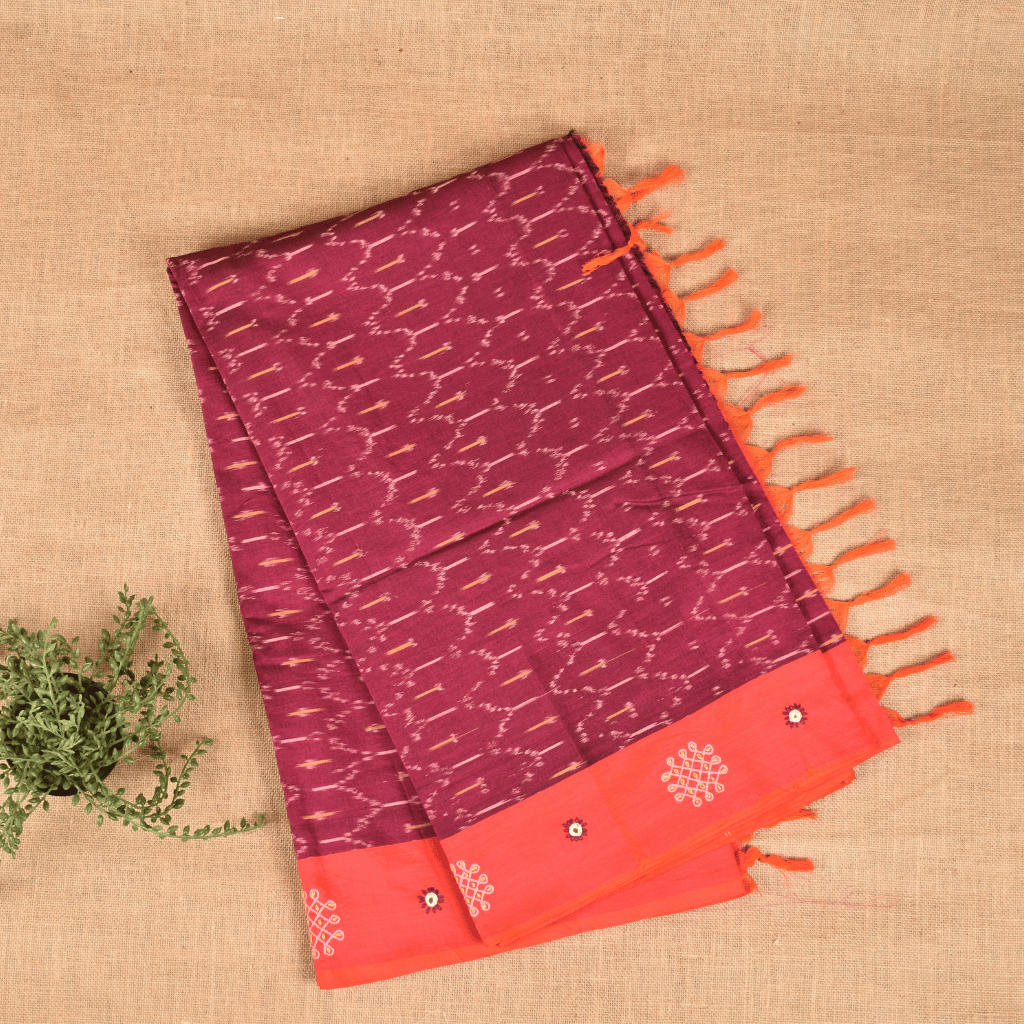 Maroon ikat saree with hand embroidery - front 