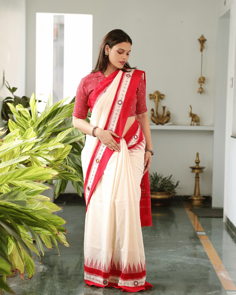 White Cotton Saree With Hand Embroidery