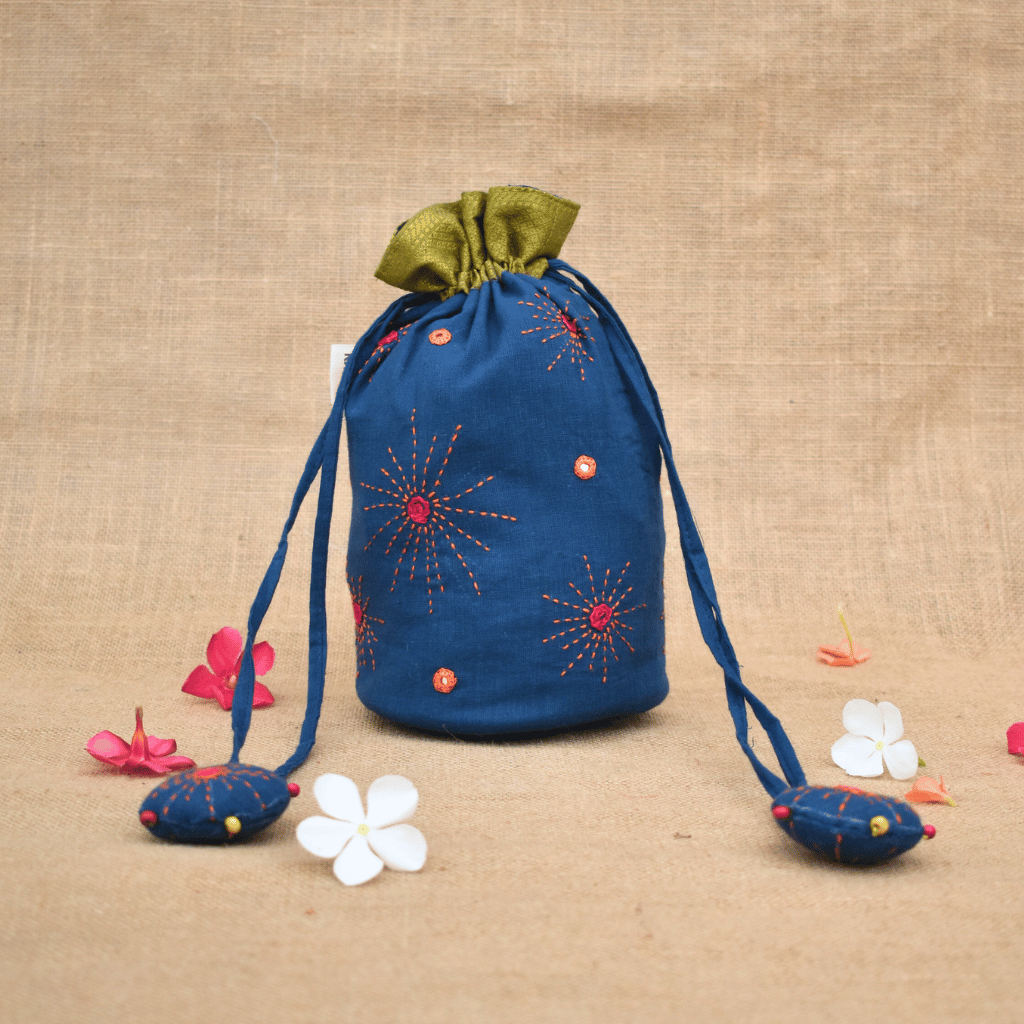 Blue cylindrical potli bag with mirror embroidery