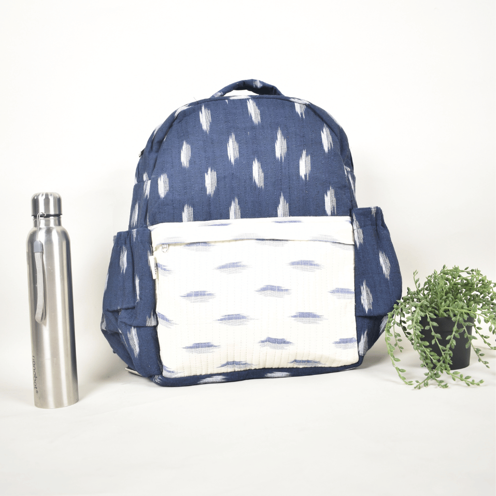 Blue & White Ikat backpack laptop bag - front