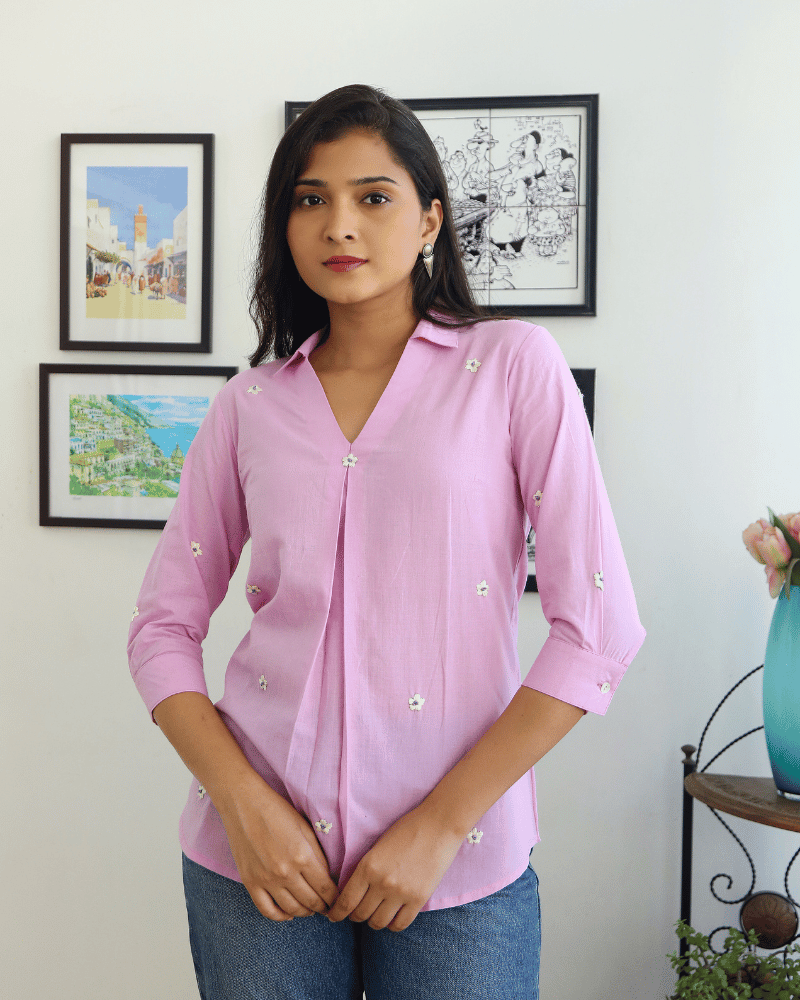 Embroidered short top in purple cotton - front