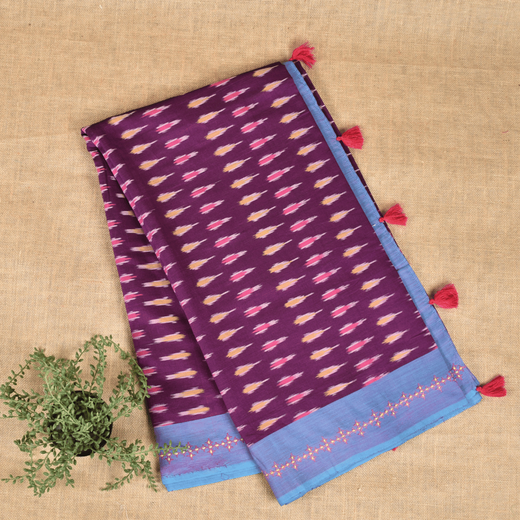 Purple ikat saree with hand embroidery - front